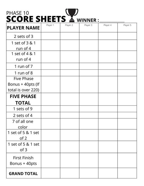 1 run of 8. 1 run of 9. 2 sets of 4. 7 cards of 1 color. 1 set of 5 + 1 set of 2. 1 set of 5 + 1 set of 3. Phase 10 – free Phase 10 score sheet website. Phase 10 is a game similar to rummy …